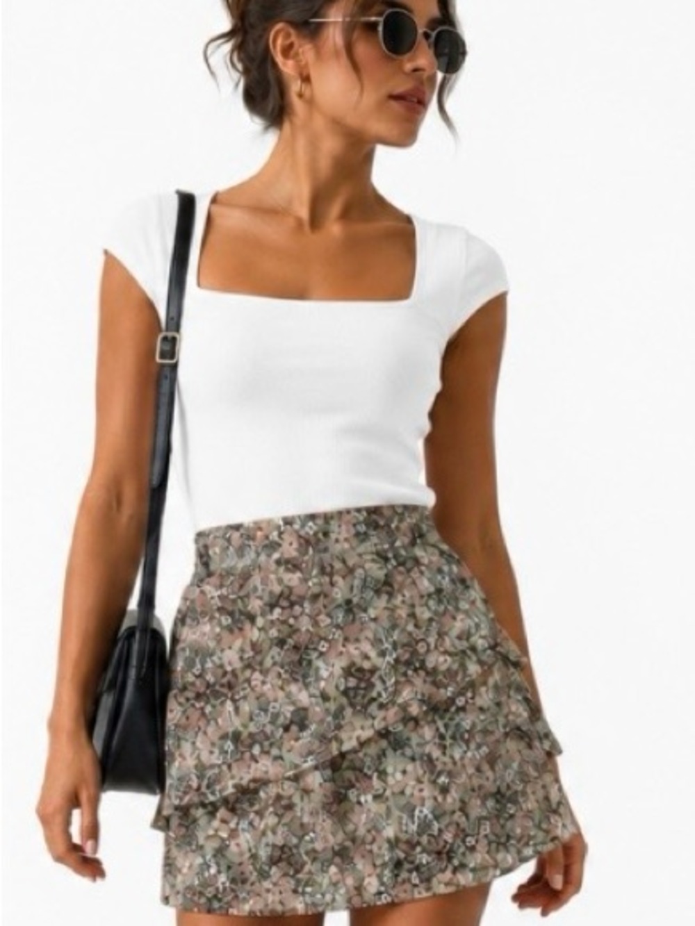 H&M GREEN BLACK PINK DITZY FLORAL ASYMMETRIC TIERED COQUETTE MINI SKIRT 12 NWT